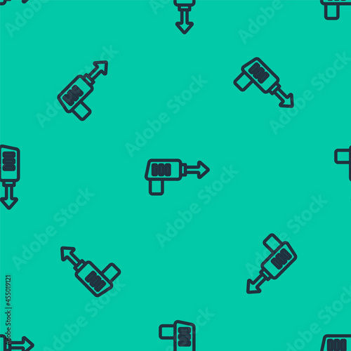 Blue line Fishing harpoon icon isolated seamless pattern on green background. Fishery manufacturers for catching fish under water. Diving underwater equipment. Vector