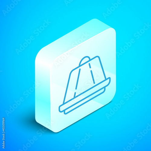Isometric line Pudding custard with caramel glaze icon isolated on blue background. Silver square button. Vector