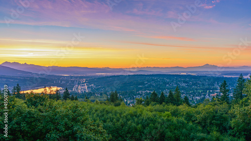 Vivid Fraser Valley sunrise, viewed from a residence in UniverCity Highlands on Burnaby Mountain, BC