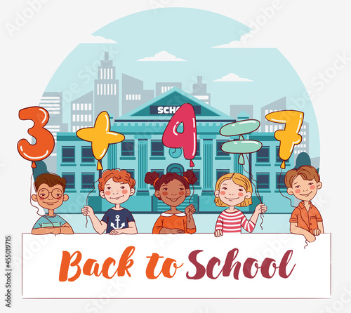 Funny kids with number balloons.Funny kids with whiteboard. Cute, smiling boys and girls. Back to school vector concept. Multi-ethnic group of happy children
