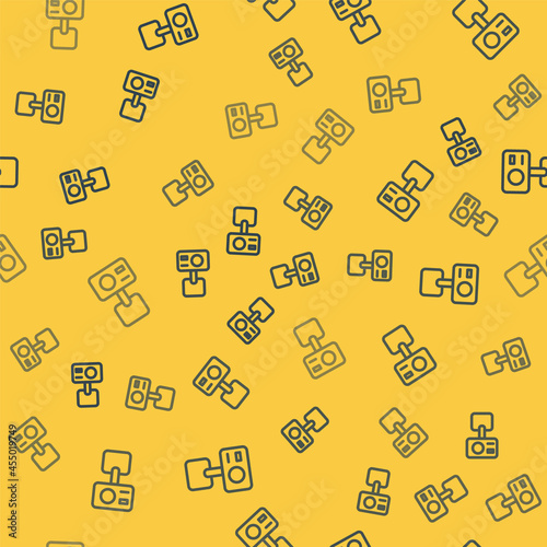 Blue line Action extreme camera icon isolated seamless pattern on yellow background. Video camera equipment for filming extreme sports. Vector