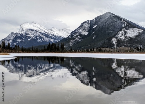 snowy rundle mountain reflections