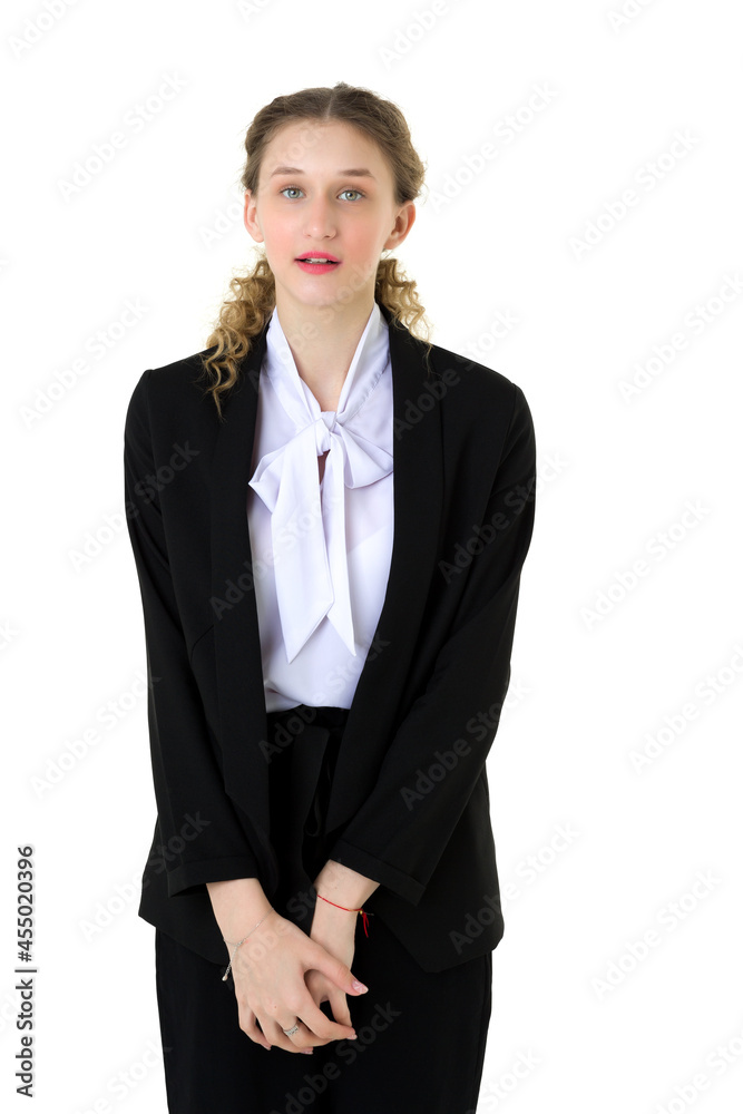 Upset student girl standing with hand on waist Upset student girl standing with hand on waist