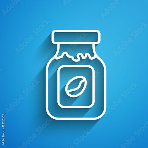 White line Coffee jar bottle icon isolated on blue background. Long shadow. Vector