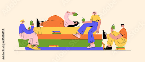 Book club with trendy people reading. Men and women studing books sit and lie on huge stack of books. Vector flat cartoon illustration. Knowledge and education concept for landing page, banners photo