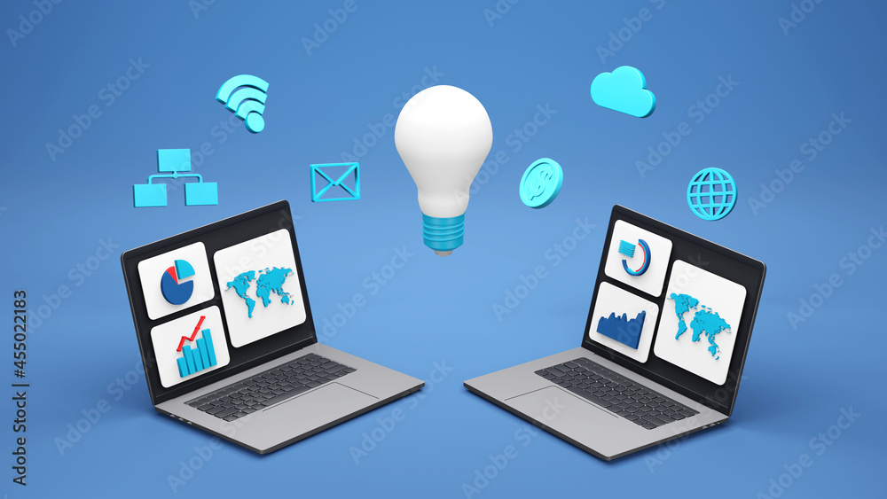 3D render illustration. Digital business concept. notebook with business element and icon on blue background. 3D render illustration. Digital business concept. notebook with business element and icon on blue background.