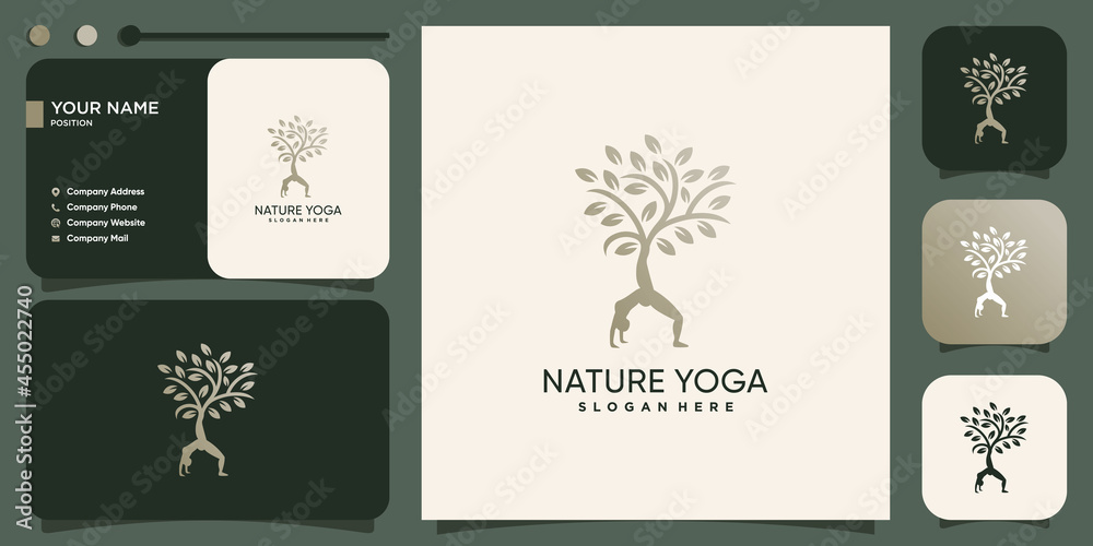 Yoga logo with nature tree concept Premium Vector