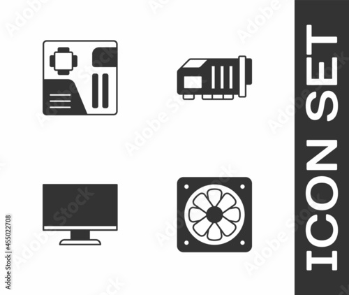 Set Computer cooler, Motherboard digital chip, monitor screen and Video graphic card icon. Vector