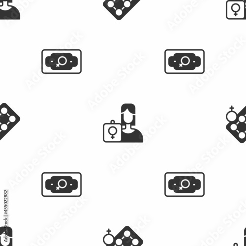 Set Packaging of birth control pills, Feminist activist and Money growth woman on seamless pattern. Vector