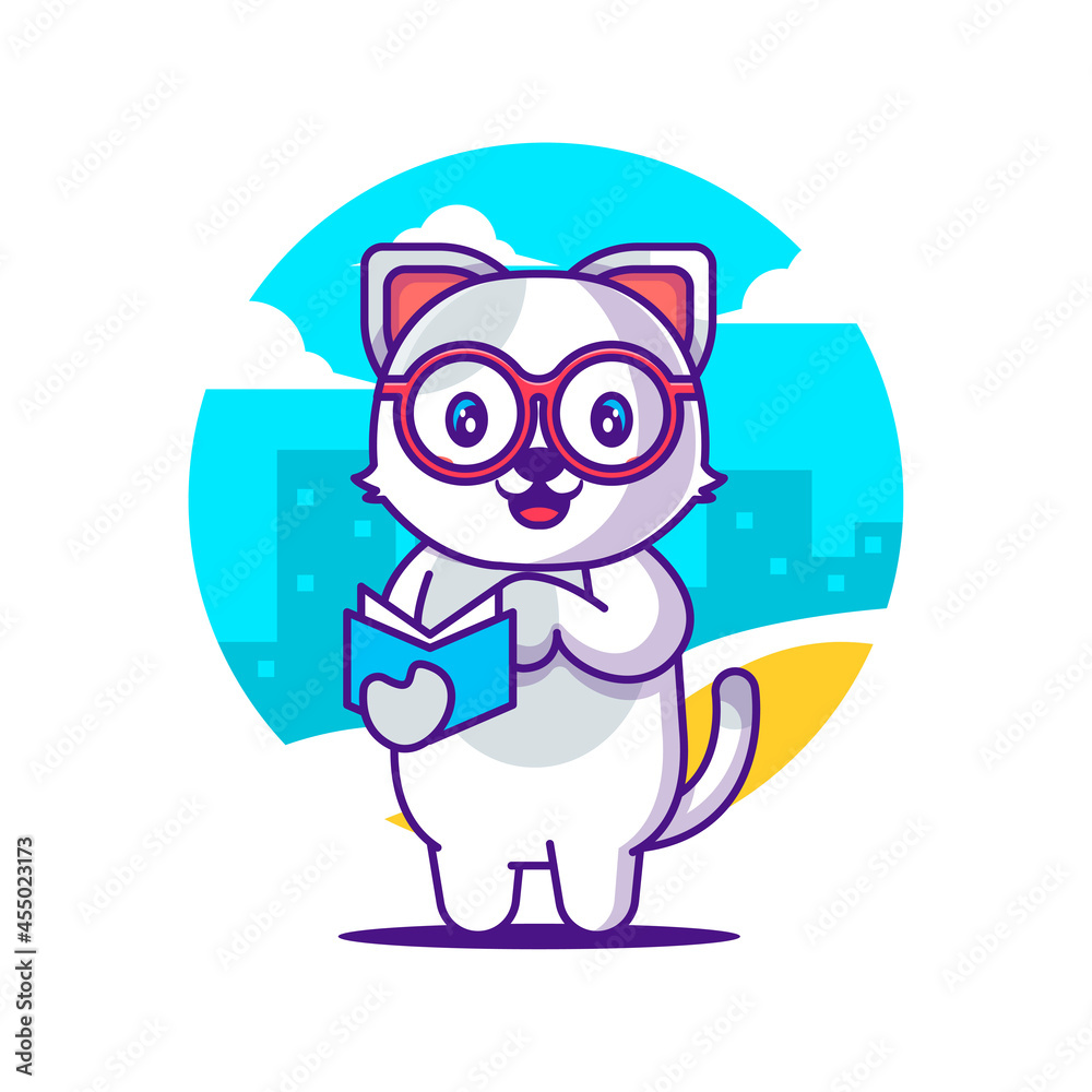 Cute Cat reading a book Cartoon Illustration. Animal and Education Flat cartoon Style Concept