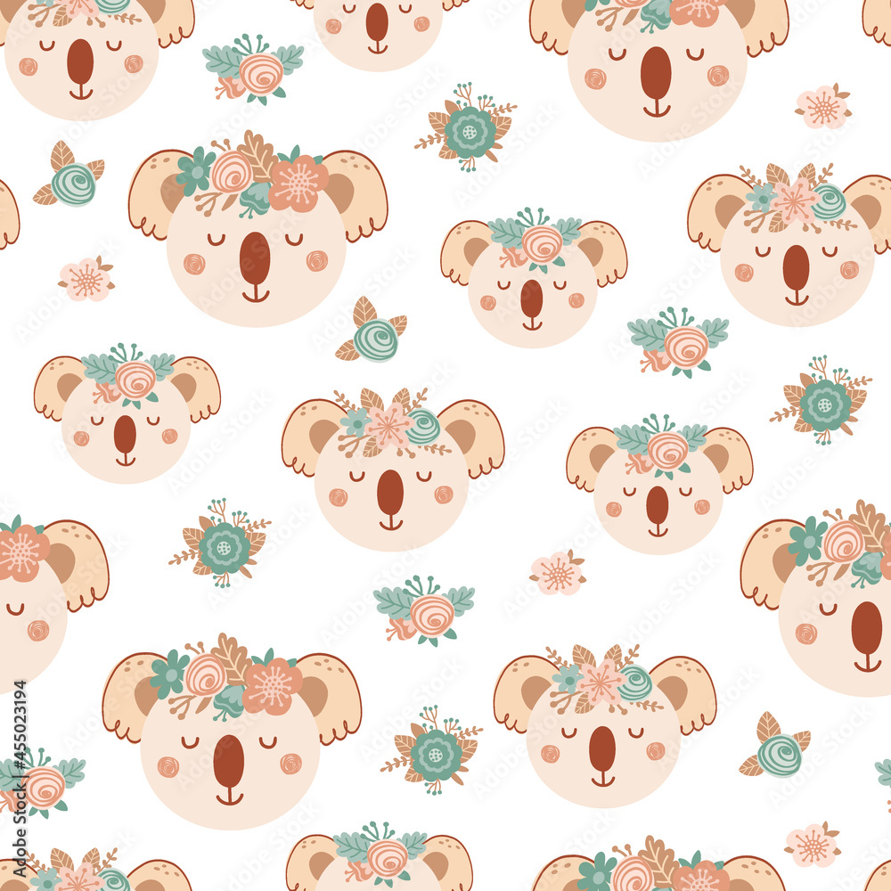 Seamless pattern with cute koala and bouquet pink and blue flowers. Background with wild animals in flat style. Illustration for kids. Design for wallpaper, fabric, textiles, wrapping paper. Vector