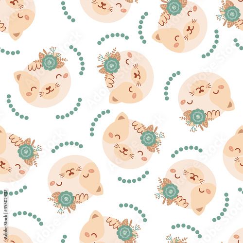 Seamless pattern with cute cat and bouquet blue flowers. Background with wild animals in flat style. Illustration for kids. Design for wallpaper, fabric, textiles, wrapping paper. Vector