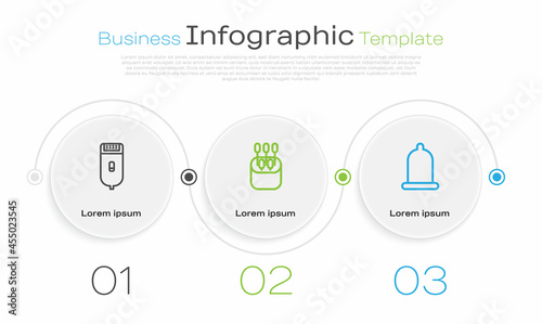 Set line Electrical hair clipper or shaver, Cotton swab for ears and Condom. Business infographic template. Vector