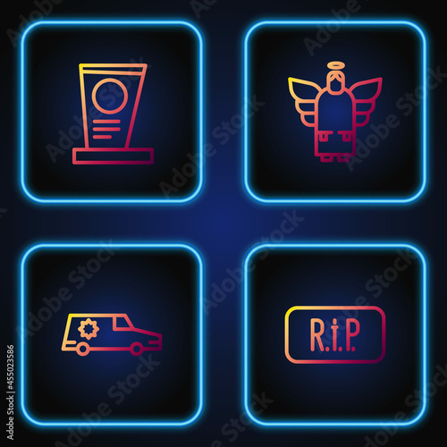 Set line Speech bubble rip death, Hearse car, Grave with tombstone and Christmas angel. Gradient color icons. Vector