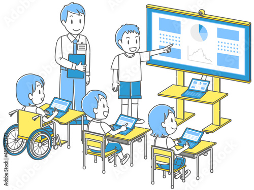 小学校のタブレットを活用した授業で、みんなの前で発表する児童