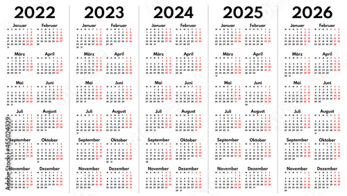 2022 2023 2024 2025 2026 full years german language calendar grids, vertical layout