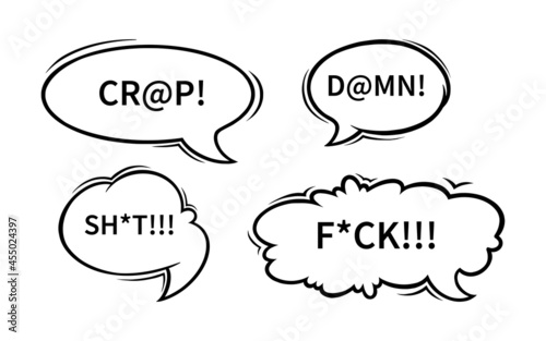 Swearing speech bubbles censored with asterisks and at signs. Swear words in text bubbles to express dissatisfaction and bad mood. Vector illustration isolated in white background