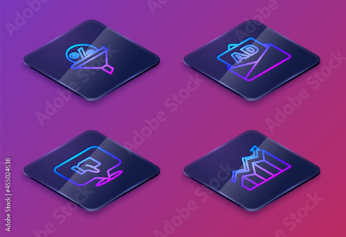 Set Isometric line Lead management, Dislike in speech bubble, Advertising and Financial growth increase. Blue square button. Vector