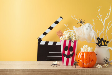 Horror movie night and Halloween party concept with jack o lantern pumpkin,  pop corn and movie clapperboard on wooden table