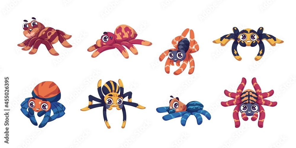 Fototapeta premium Cute spider. Cartoon child insect mascot with big eyes for kids illustration. Isolated tarantula characters crawling and weaving cobweb. Venomous fauna. Vector kawaii arachnids set