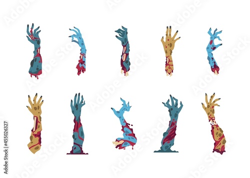 Zombie hands. Cartoon monster arms for Halloween party invitation cards and celebration posters. Isolated human body limbs with rotting flesh and bones. Vector walking dead elements set