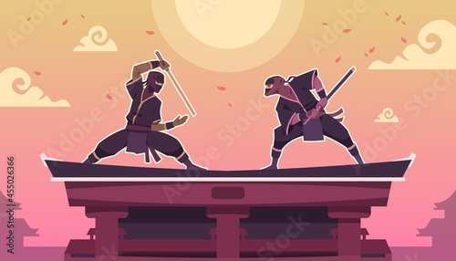 Ninja fight. Cartoon scene with ancient Japanese warriors in black kimono with swords. Shinobi duel. Assassins standing in combat positions on building roof. Vector fighting game screen photo