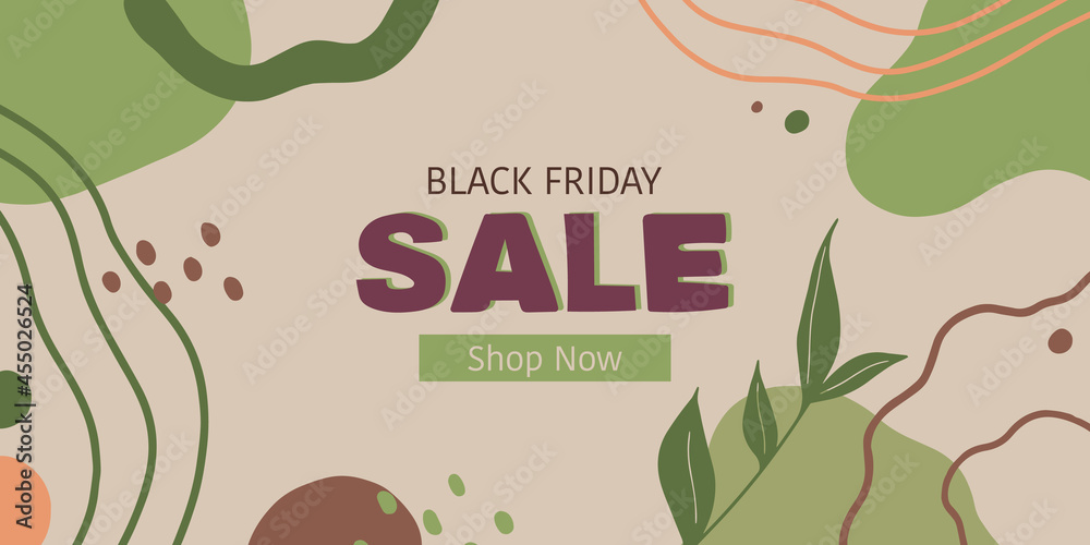Promotion sale banner in floral style. Black Friday poster or banner template with floral elements like green leaves, seeds, geometric green shapes and water waves elements. Trendy organic sale banner