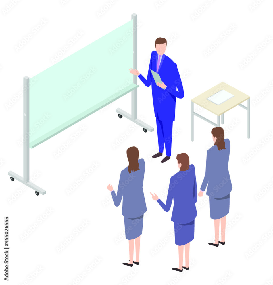 ホワイトボードを前にディスカッションをするビジネスマンとOL