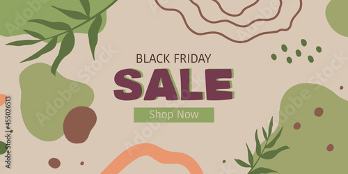 Fashion Black Friday poster or banner template with floral elements like green leaves, seeds, geometric green shapes and wavy lines elements. Trendy organic sale banner. Natural horizontal banner.
