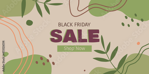 Geometric autumn sale banner in floral organic style. Black Friday Seasonal promotion web poster or banner template with green leaves, dots, geometric shapes and wavy elements. Natural sale banner. © Takoyaki Shop