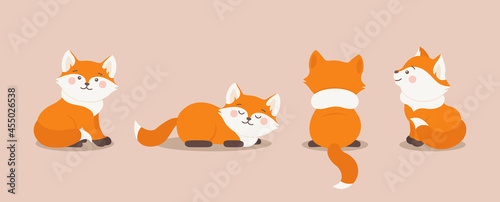 Cartoon Foxes set in different poses. Vector Forest fox animal sits, lies, turned back and smiles. Orange fox collection for baby or child clothes, fabric, textile and more. Autumn fox clipart design.
