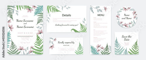 Wedding invitation. Elegant posters or cards with foliage and fern. Floral layout design. Celebrations menu and decorative stickers template with herbs and leaves. Vector banners set