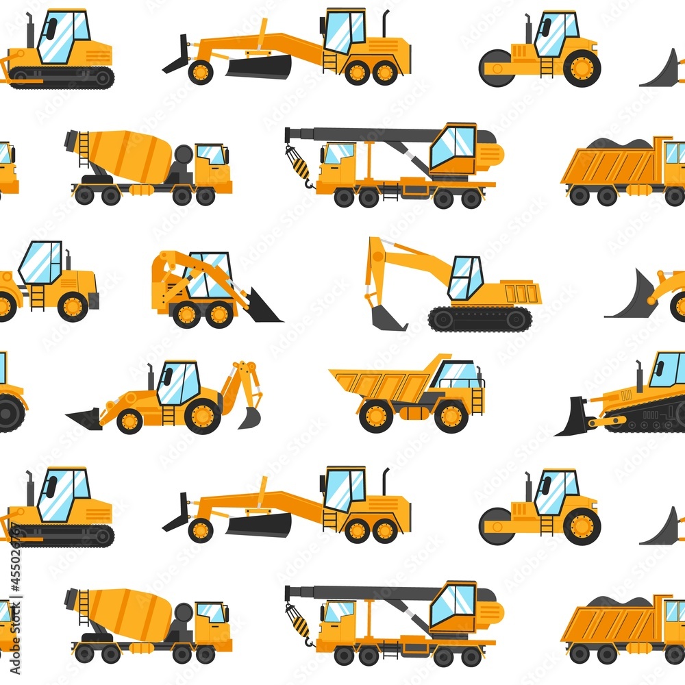 Heavy trucks pattern. Seamless print with construction vehicles and industrial building machinery for earthwork, lifting and transportation. Vector working transport texture template Heavy trucks pattern. Seamless print with construction vehicles and industrial building machinery for earthwork, lifting and transportation. Vector working transport texture template