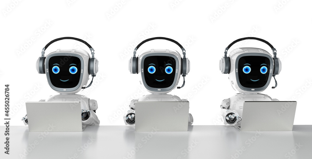 group of cyborgs or robot assistants work with computer notebook group of cyborgs or robot assistants work with computer notebook
