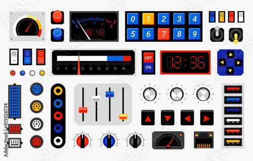 Retro control panel. Computer dashboard elements. Dials or connection ports. Controller buttons template. Electronic indicators with arrows. Vector console switches and toggles set