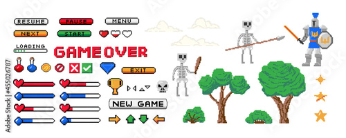 Game 8-bit set. Pixel start screen and interface buttons. Player character enemies life bar and award pixelated icons. Arrows or landscape elements. Vector gaming menu signs collection