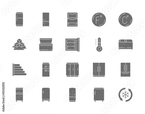 Set of Fridge Grey Icons. Thermometer, Freezer, Refrigerator, Ice Cubes and more