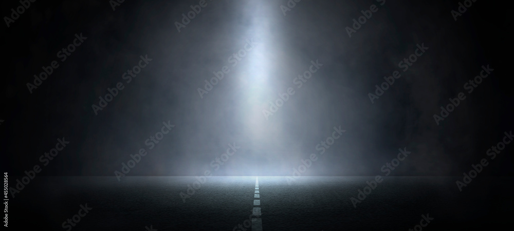 Black asphalt road and empty dark street scene background with smoke float up studio room interior texture for display products.