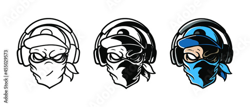 A skull in a cap and a bandana is listening to music. Music in headphones. Sticker, logo or sign. Vector illustration isolated on white background. EPS 10.
