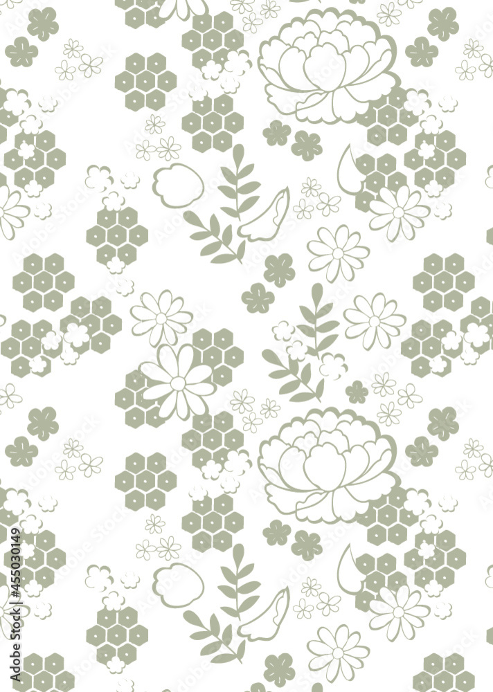 背景透明の椿と亀甲と枝葉や花の白いパターン 背景透明の椿と亀甲と枝葉や花の白いパターン