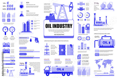 Bundle oil industry infographic UI, UX, KIT elements. Different charts, diagrams, workflow, transport, factory, crude extraction, graphs design template. Vector info graphic and infographics set.