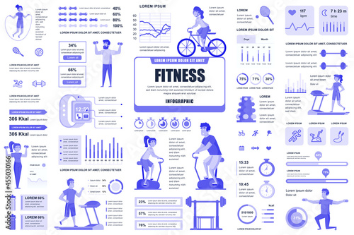 Bundle fitness and sports infographic UI, UX, KIT elements. Different charts, diagrams, workflow, fitness equipment, gym, cardio workout design template. Vector info graphic and infographics set.