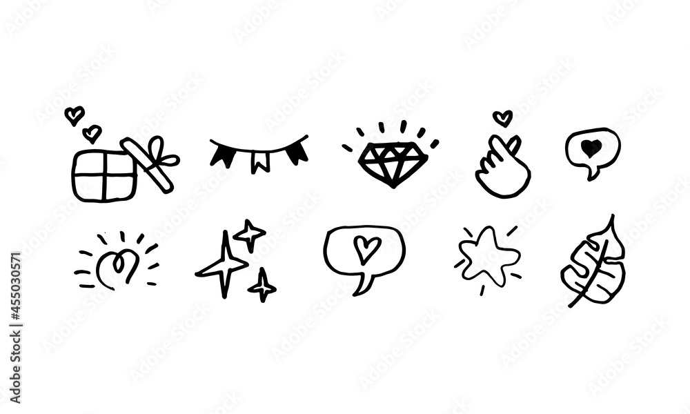 hand drawn icon set of cute decoration in daily basis. simple doodle icon illustration in vector for decorating any design. icon vector of girl edition.