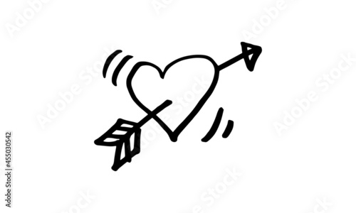 hand drawn icon of heart and arrow, meaning a falling in love moment. simple doodle icon illustration in vector for decorating any design.