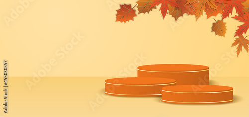 Autumn season theme product display podium. Design with leaves on orange background. paper art style. vector.