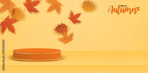 Autumn season theme product display podium. Design with leaves on orange background. paper art style. vector.
