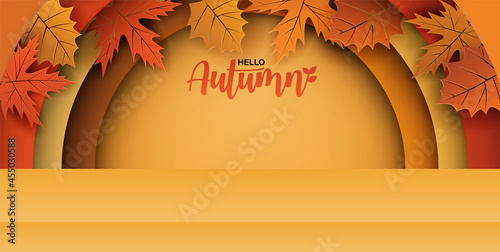 Autumn season theme product display podium. Design with leaves on orange background. paper art style. vector.