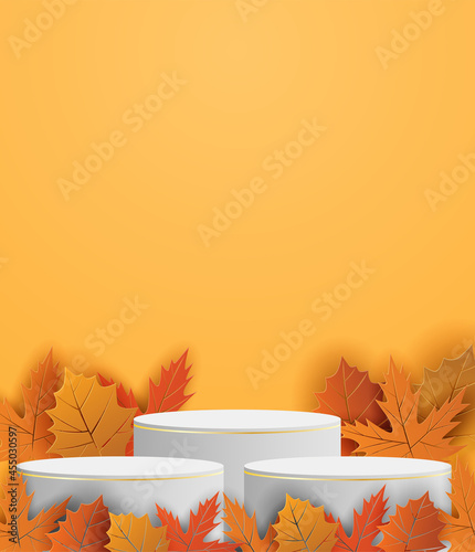 Autumn season theme product display podium. Design with leaves on orange background. paper art style. vector.