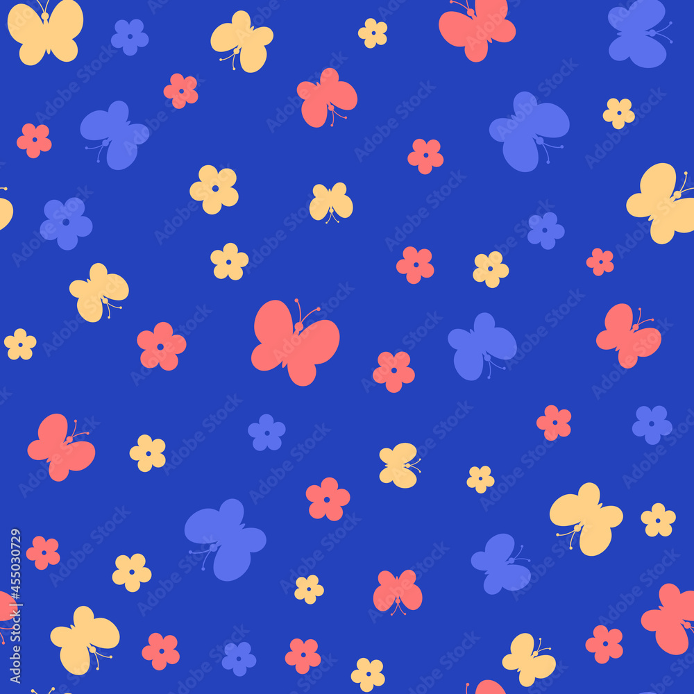 color butterflies and flowers. simple baby repetitive background. vector seamless pattern. fabric swatch. wrapping paper. continuous print. design element for home decor, apparel, phone case, textile
