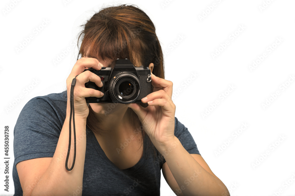 holding dslr camera professional photographer woman taking picture white background holding dslr camera professional photographer woman taking picture white background
